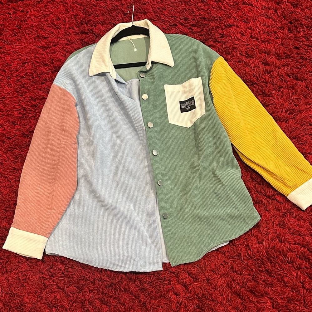 SHEIN Multicolor Corduroy Colorblock Button-Down Shirt